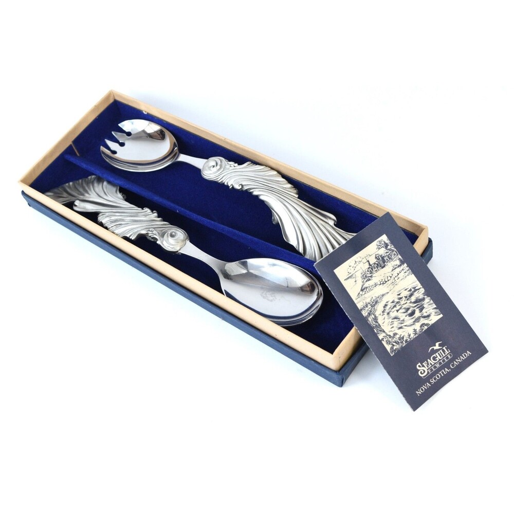 Seagull Pewter Sheffield Canada Salad Servers Spoon Fork Iris Design 1994 VTG